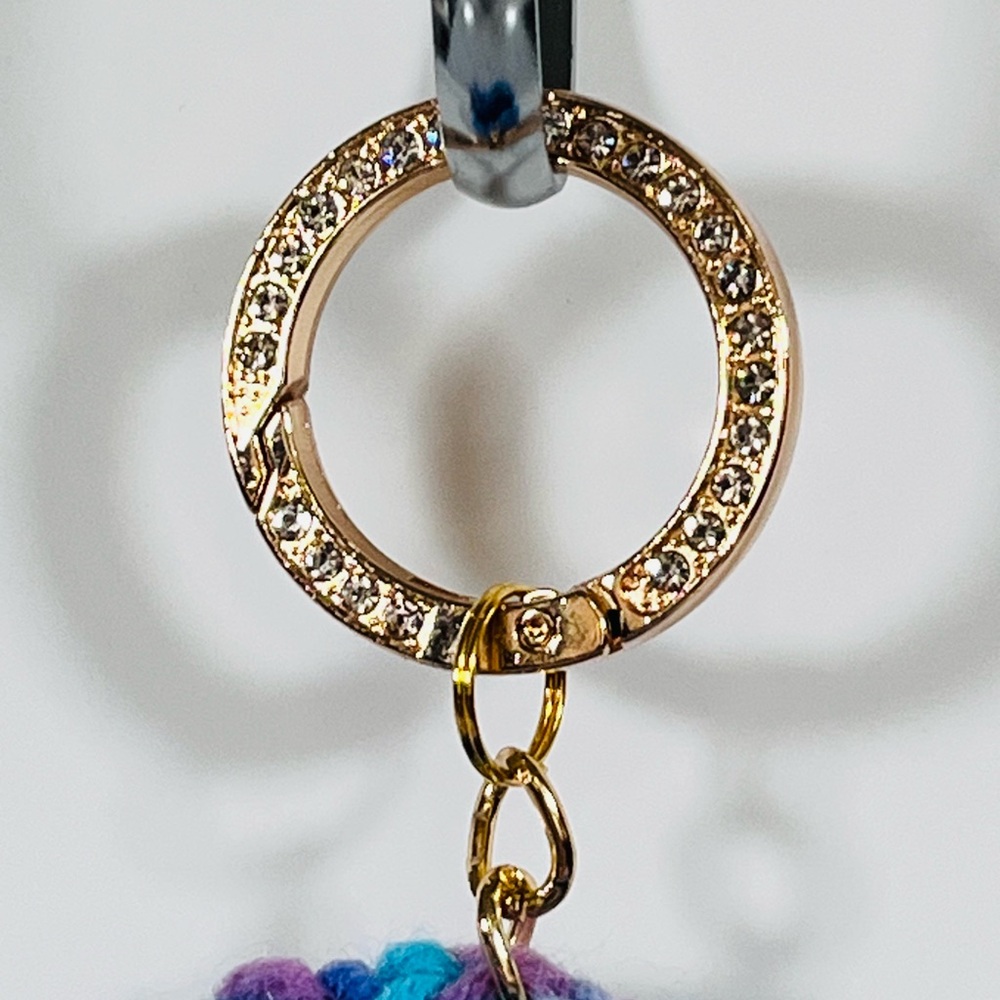 Purple Ombre Crochet Flower Bag Charm Keychain W/Rhinestone Bling Clip Ring - Picture 2 of 5